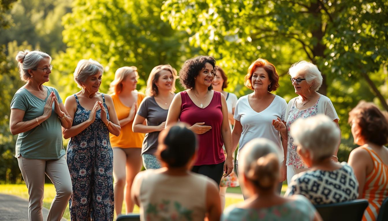 A group of diverse women of different ages, shapes, and ethnicities, gathered in a serene outdoor setting with lush greenery and warm, natural lighting. The women are engaged in various wellness activities - some are practicing gentle yoga poses, others are strolling together, and a few are seated in a circle, discussing their experiences with healthy aging. The scene exudes a sense of community, mindfulness, and a holistic approach to well-being. The overall atmosphere is calming, inspiring, and empowering, capturing the essence of &quot;Women's Wellness Aging Strategies&quot;.