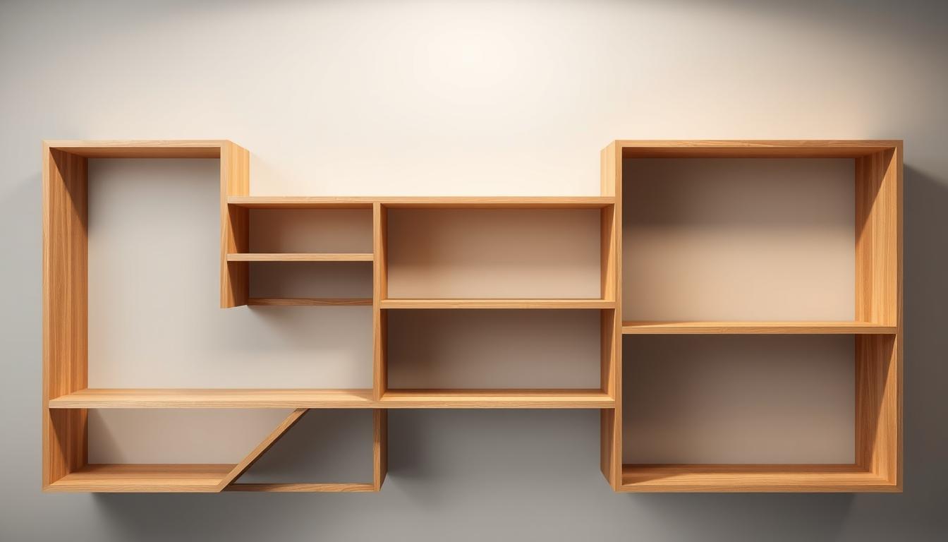 A sleek and modern bookshelf design with a clean, minimalist aesthetic. The bookshelf is made of a warm, natural wood grain material, with a smooth, polished finish that reflects the light elegantly. The shelves are arranged in a geometric pattern, creating a visually interesting and dynamic display. The bookshelf is set against a muted, neutral background, allowing the design to take center stage. The lighting is soft and diffused, creating a warm and inviting atmosphere. The overall composition is balanced and visually pleasing, showcasing the bookshelf's elegant and functional design.