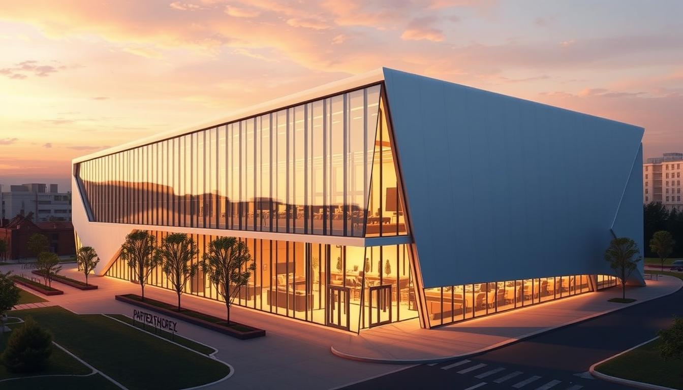 A captivating architectural illustration of the Partex Showcase, showcasing its sleek and modern design. Capture the building's striking facade, with its clean lines, angular geometry, and use of glass and steel. Depict the structure in a warm, golden hour lighting, casting soft shadows that accentuate its unique form. Position the viewer at an elevated angle, allowing them to take in the entire building and its surrounding landscape. Convey a sense of elegance and sophistication, reflecting the high-end nature of the Partex Showcase. Avoid any distracting elements, keeping the focus solely on the architectural marvel.