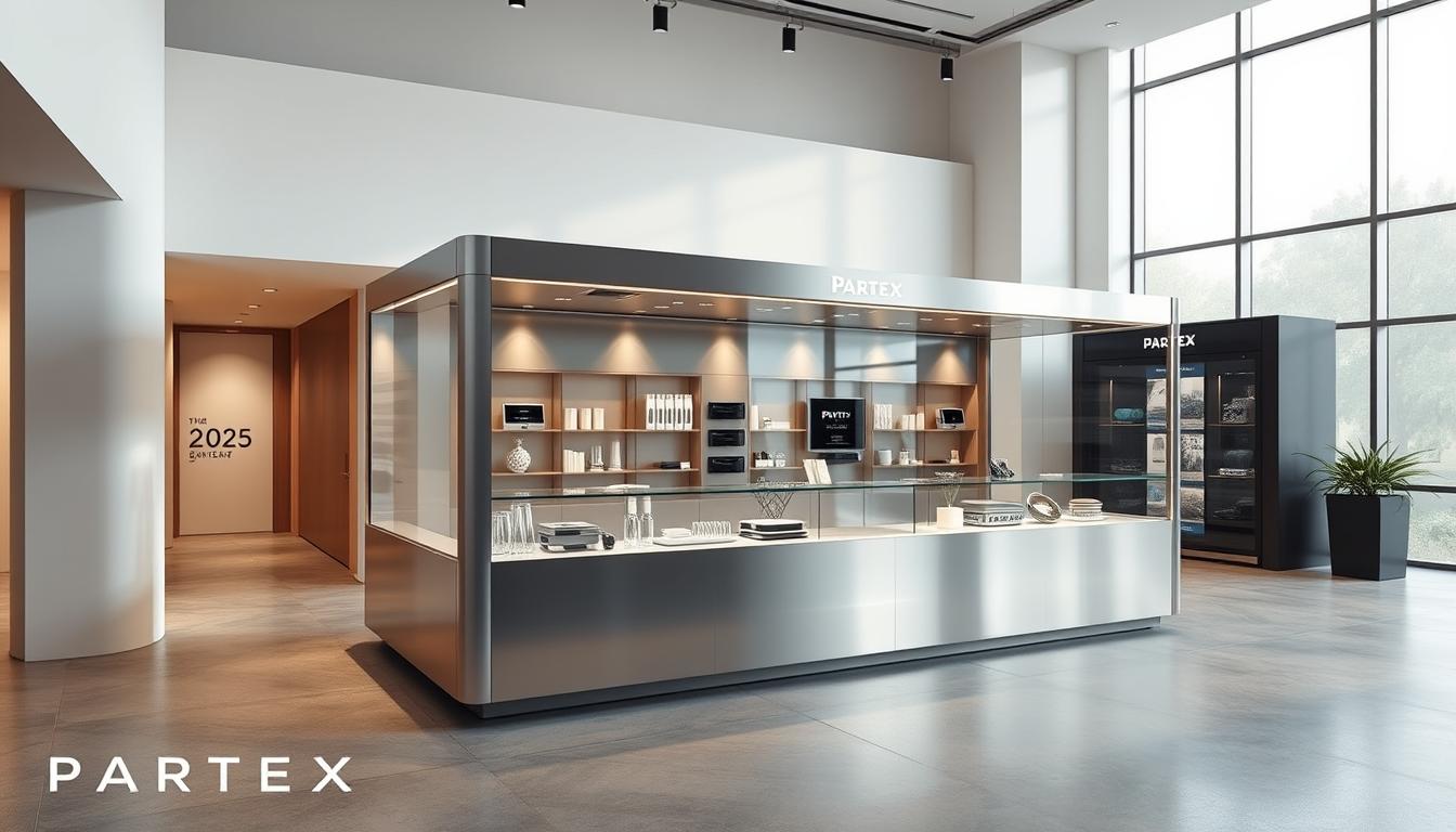 A detailed, high-quality, photorealistic render of the design of a Partex showcase for the year 2025. The showcase is positioned in a modern, minimalist interior setting with clean lines, neutral colors, and natural lighting. The showcase itself is made of sleek, brushed metal and glass, showcasing a variety of Partex products in an elegant, visually-appealing manner. The overall atmosphere is one of sophistication, innovation, and forward-thinking design. The camera angle captures the showcase from a slightly elevated perspective, emphasizing its striking visual presence within the space.