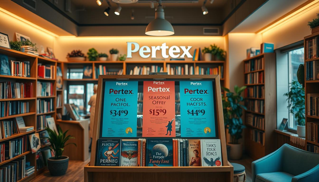 A cozy, well-lit bookstore interior with a prominent book display shelf showcasing the Pertex book collection. The shelf is adorned with eye-catching promotional signage highlighting the seasonal offers and discounts, creating an inviting atmosphere for book enthusiasts. The lighting is warm and diffused, casting a gentle glow on the books and accentuating the attractive displays. The background features subtle details like shelves of other books, potted plants, and a comfortable seating area, establishing a welcoming and bookish ambiance. The overall composition conveys a sense of excitement and opportunity for readers to discover the Pertex book collection and take advantage of the special offers.