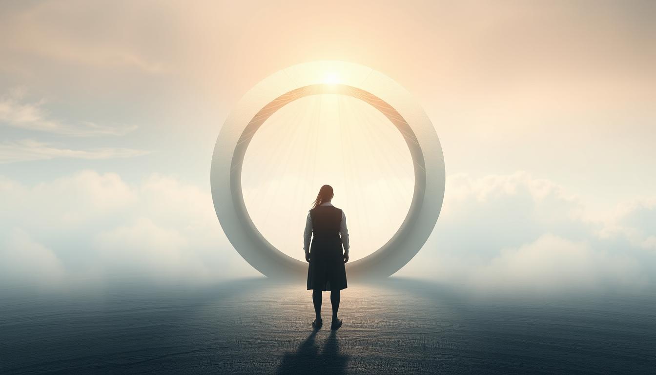 A serene portal, floating in a vast, ethereal landscape. The portal's surface is a shimmering, translucent veil, revealing a glimpse into a realm of spiritual awakening. Soft, diffused light bathes the scene, creating an atmosphere of introspection and transformation. In the foreground, a solitary figure stands before the portal, their silhouette hinting at a journey of self-discovery. The background is a dreamlike expanse, with wisps of clouds and subtle gradients of color, suggesting the boundless nature of the spiritual realm. The overall tone is one of contemplation and the promise of personal growth, inviting the viewer to step through the portal and embark on their own path of self-knowledge and enlightenment.