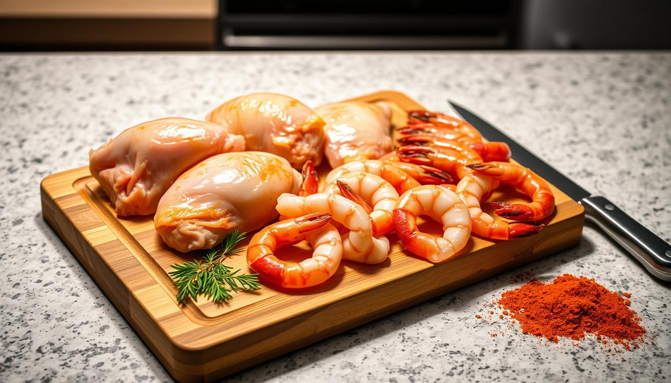 Preparing chicken and shrimp for paella