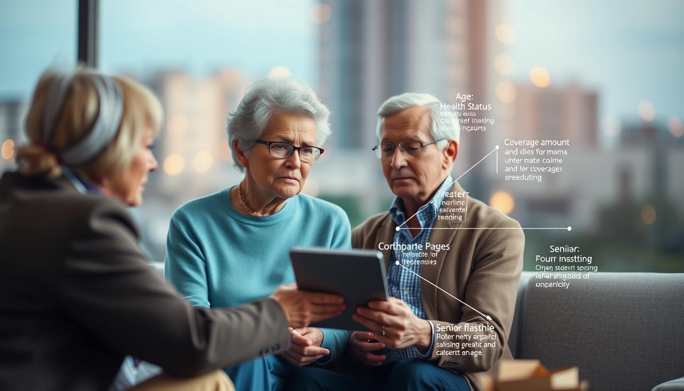 A detailed illustration of key factors influencing life insurance premium costs for senior citizens. In the foreground, a senior couple discussing policy options with a financial advisor, their expressions reflecting concern. The middle ground showcases various cost-impacting elements, such as age, health status, coverage amount, and lifestyle. In the background, a subtly blurred cityscape or retirement community setting, conveying the real-world context. The lighting is warm and inviting, with a soft focus to emphasize the central figures. The overall composition evokes a sense of thoughtful planning and financial decision-making for the golden years.