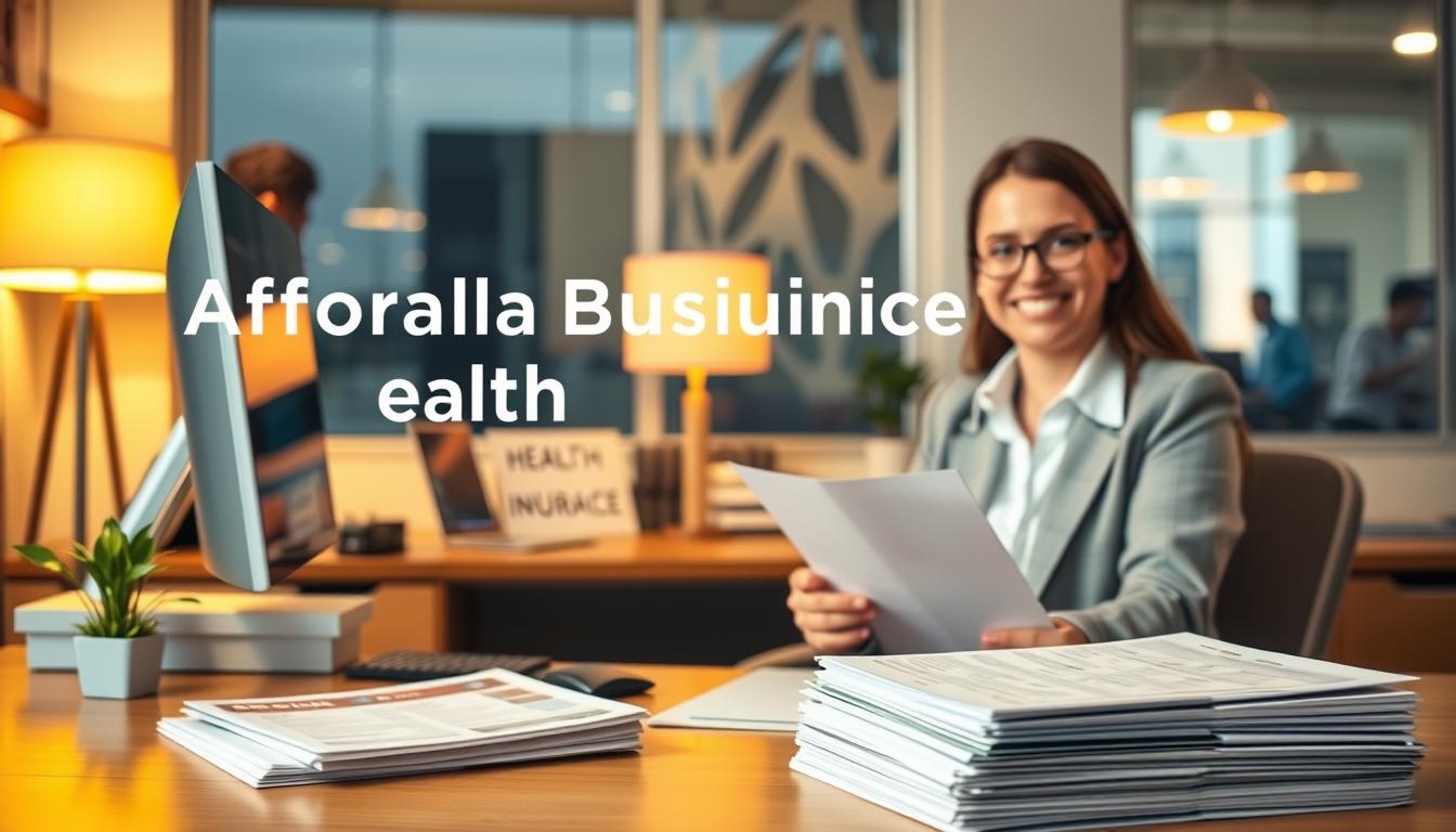 A cozy office space with a desk, computer, and stack of documents representing affordable health insurance options for small businesses. Warm, soft lighting illuminates the scene, creating a welcoming atmosphere. In the foreground, a friendly, approachable businessperson sits at the desk, reviewing paperwork. The middle ground features informative brochures and insurance policies, while the background showcases a cityscape or small business setting, conveying the broader context. The overall composition suggests accessibility, affordability, and professionalism in the realm of small business health insurance.