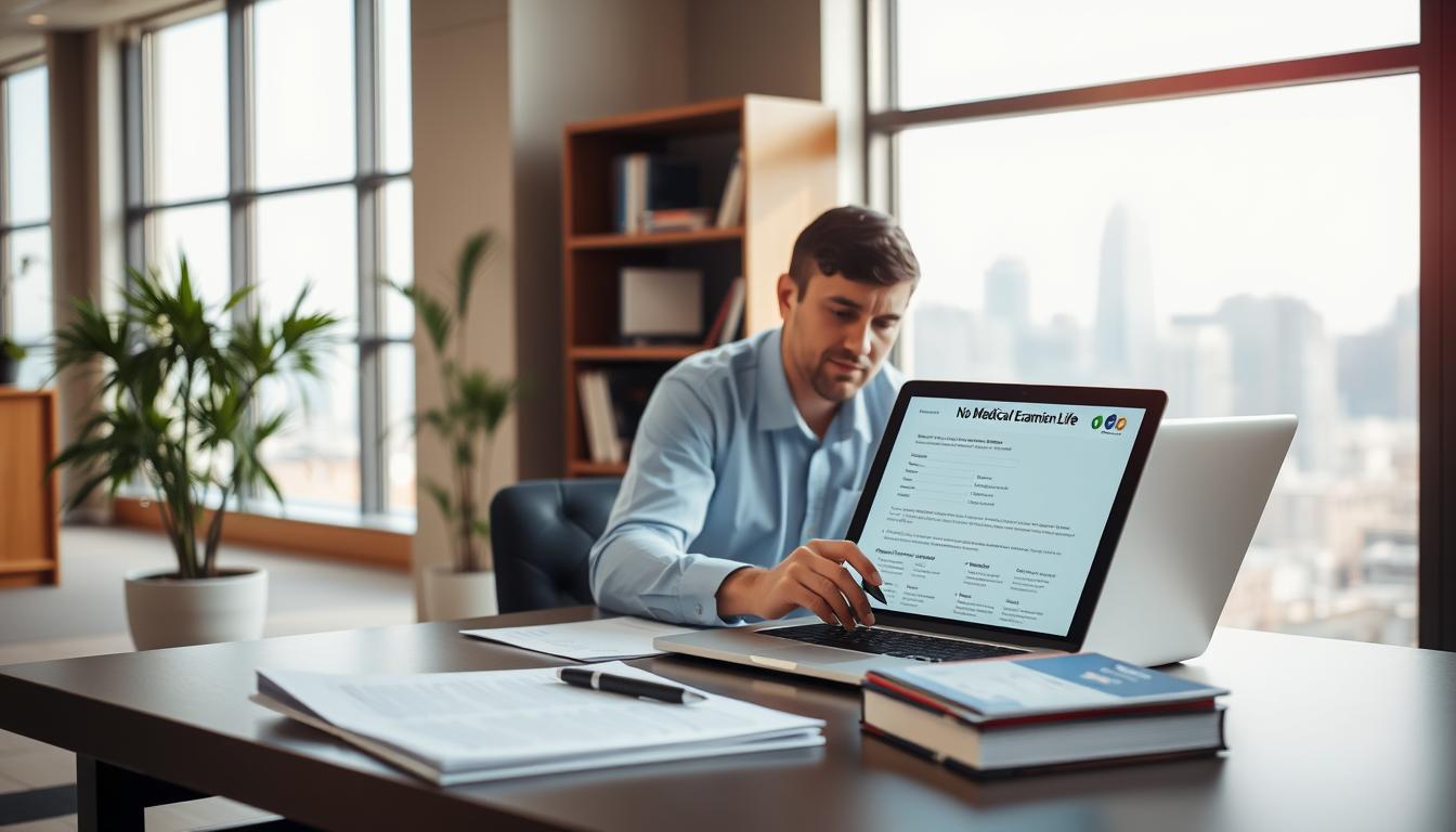 A modern, professional office space with a warm, inviting atmosphere. In the foreground, a person sits at a desk, reviewing documents and filling out an online application form on a laptop. On the desk, a stack of papers, a pen, and a &quot;No Medical Exam&quot; life insurance brochure. In the middle ground, a bookshelf and a potted plant add a touch of nature. The background features large windows overlooking a city skyline, bathed in soft, diffused lighting. The overall scene conveys efficiency, expertise, and the ease of the application process for a no-medical-exam life insurance policy.