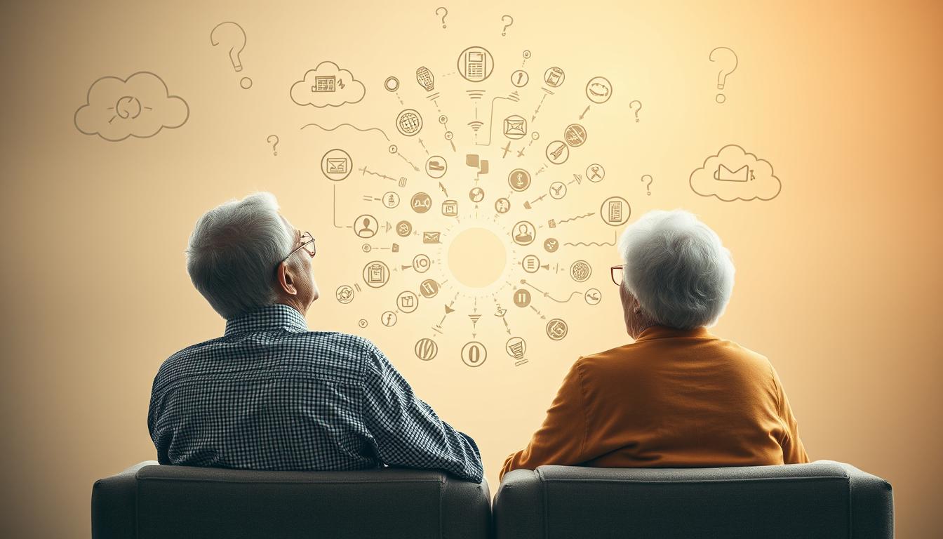 A thought-provoking visual depicting common misconceptions about life insurance for seniors. In the foreground, a senior couple sits comfortably, surrounded by clouds of doubt and confusion. The middle ground features a kaleidoscope of icons representing perceived barriers: cost, health, age restrictions. In the background, a warm, golden light filters through, hinting at the truth - the possibilities and benefits of life insurance for the mature audience. Soft, muted tones create an atmosphere of contemplation, inviting the viewer to reconsider their assumptions. The composition guides the eye, leading to a deeper understanding of the myths and realities of life insurance for seniors.