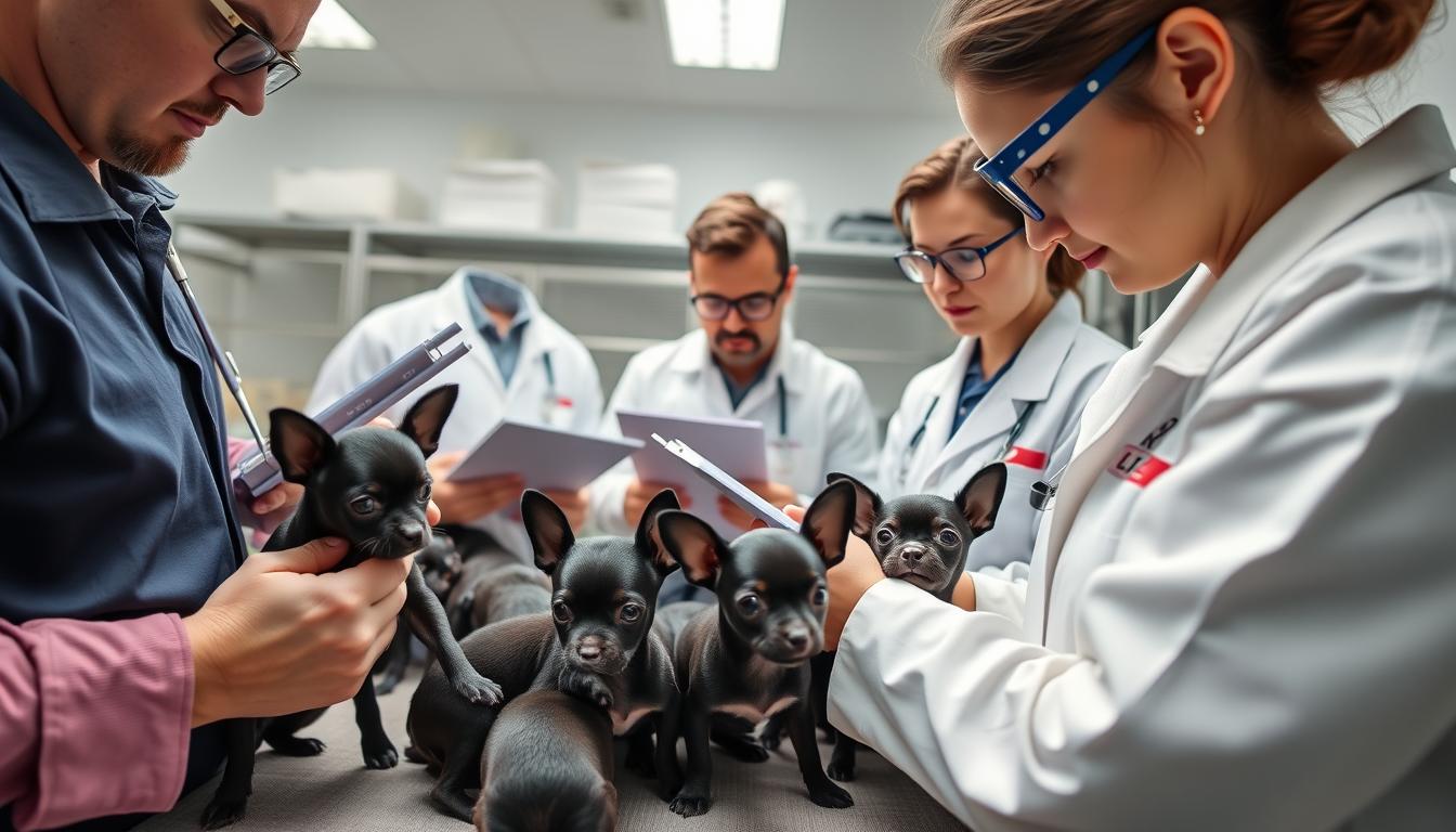 Reputable black chihuahua breeders inspecting puppies