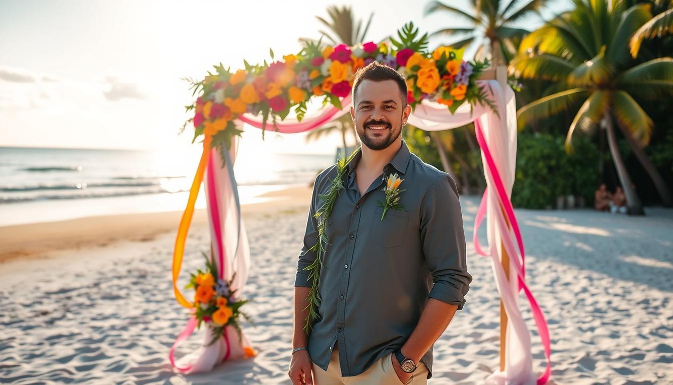 a gay man standing in front of a wedding arch on the beach as he is getting married with the help of a lgbtq beach wedding planner florida