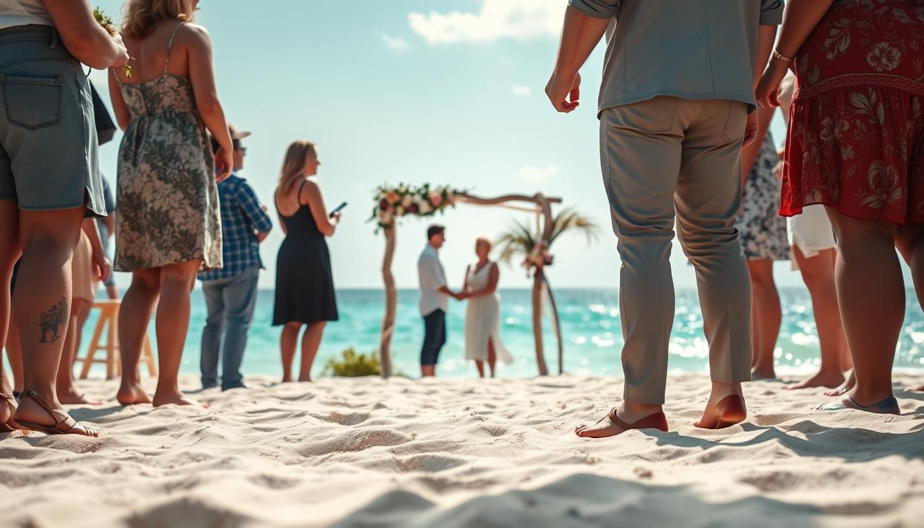 a group of people standing on the beach as they watch a beach vow renewal in Florida