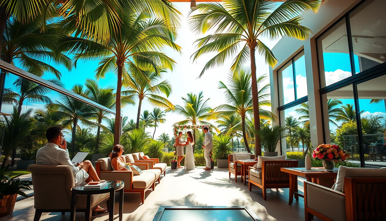a bride and groom getting married in florida surrounded by tropical landscape that was planned by a wedding planner in florida