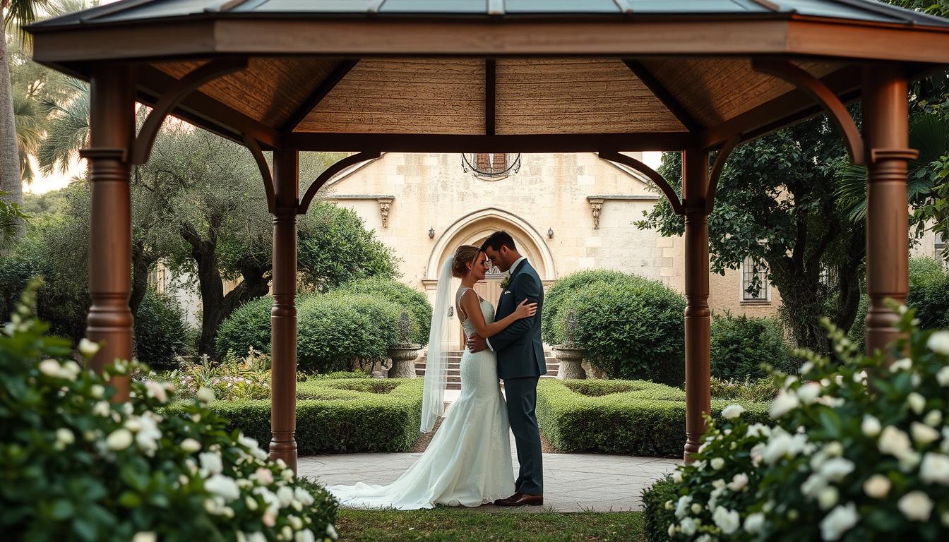 a couple standing together under a gazebo having just done an elopement in st. augustine beach