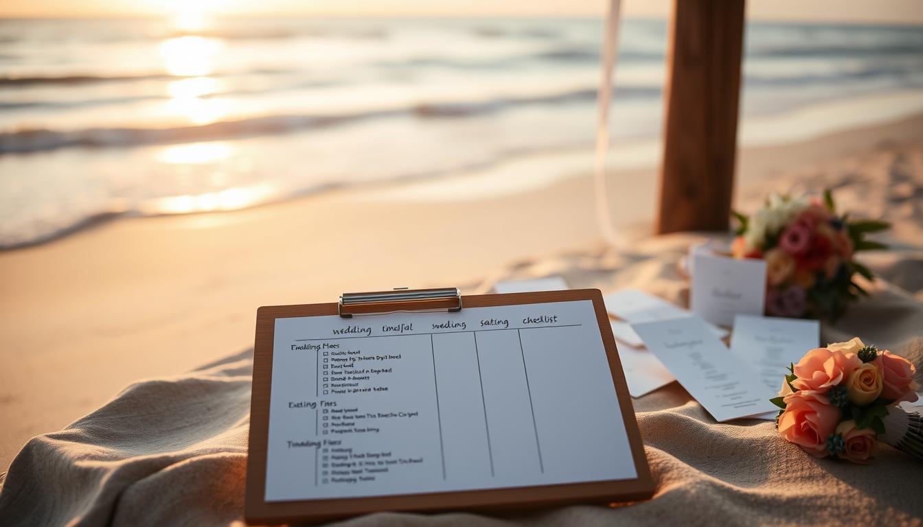 a clip board on a table on the beach at sunset for beach wedding planning timeline essentials
