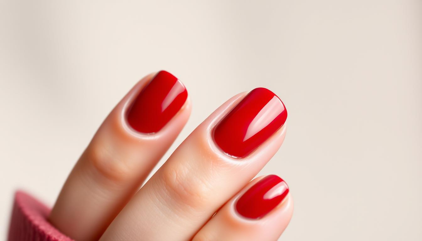 A flawless set of classic cherry-red nails, expertly manicured and polished to a high-gloss shine. The nails are shaped in a refined oval form, with a gentle curve and smooth edges. The color is a deep, vibrant crimson that catches the light, creating a captivating reflection. The nails are set against a neutral, soft-focus background, allowing the elegance of the design to take center stage. Subtle shadows and highlights accentuate the natural curvature of the nails, conveying a sense of depth and dimension. The overall composition exudes timeless sophistication and understated glamour, perfectly encapsulating the essence of a classic cherry nail design.