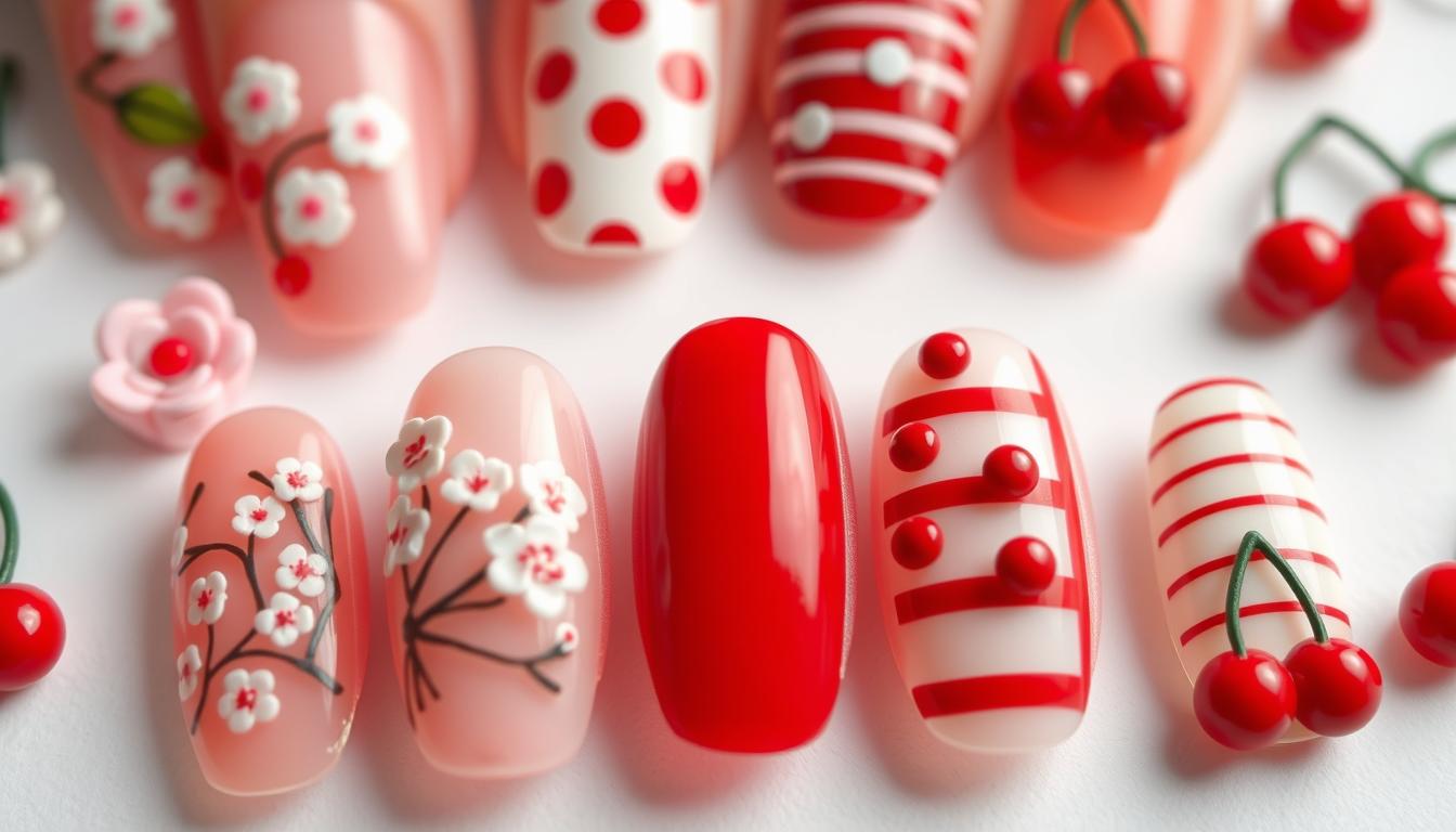 A close-up shot of various cherry-themed nail art techniques displayed on a white background. In the foreground, intricate cherry blossom designs with delicate pink and white petals adorn the nails, while the middle ground showcases bold red cherry nail art with a shiny, glossy finish. In the background, a mix of simple cherry dot patterns, striped designs, and 3D cherry accents create a visually captivating and diverse display of cherry nail art for all skill levels. The lighting is soft and diffused, emphasizing the details and textures of the nail art. The overall mood is one of elegance, sophistication, and a touch of whimsy, perfectly suited for a chic and stylish manicure.