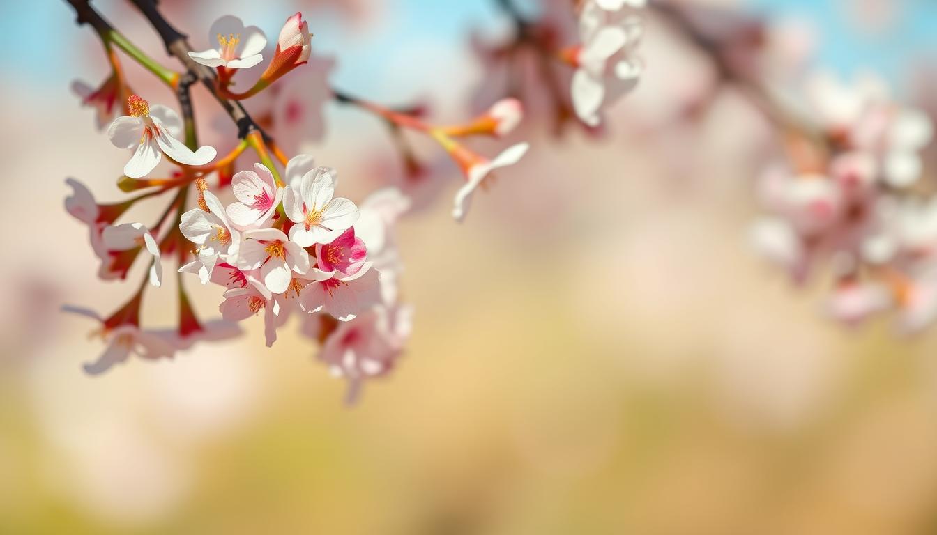 A vibrant cherry blossom wreath adorns a set of delicate nails, framed by a warm, soft-focus background of pastel spring hues. The nails feature a mix of subtle pink and white nail polish, with intricate hand-painted cherry blossoms in shades of pink and lavender. The lighting is natural and diffused, casting a gentle glow and creating a serene, romantic atmosphere. The composition is balanced, with the nail art as the central focus, surrounded by a hazy, dreamlike landscape that evokes the tranquility of a spring day.