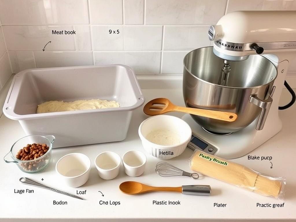 Essential equipment for making homemade cinnamon raisin bread including a loaf pan, mixing bowl, measuring cups, and a dough hook attachment