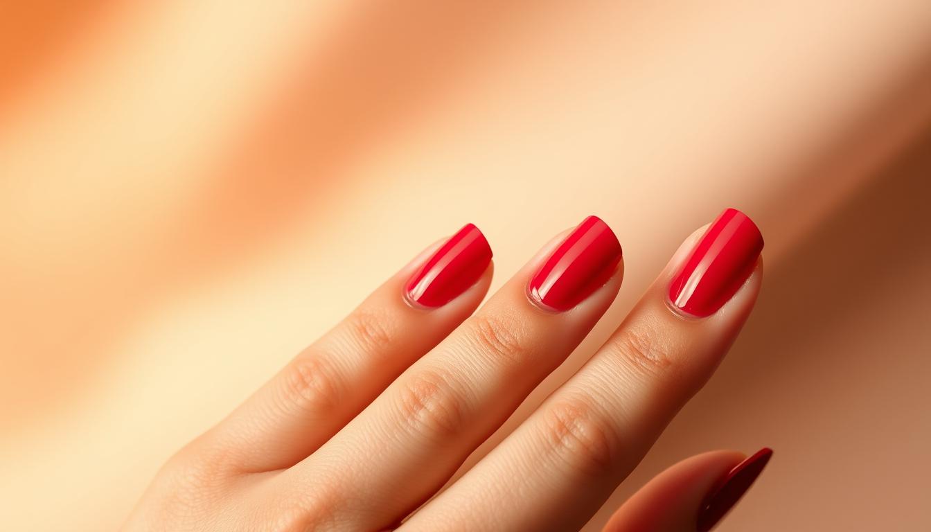 A glamorous close-up shot of a hand with meticulously manicured cherry red nails, set against a soft, diffused background. The nails are perfectly shaped, with a high-gloss shine and subtle hints of pink and coral undertones. The lighting is warm and flattering, creating a sense of elegance and sophistication. The hand is positioned in a natural, slightly angled pose, showcasing the nails in an artistic, fashion-forward manner. The overall atmosphere evokes a chic, celebrity-inspired vibe, reflecting the latest runway trends and the sophisticated style of today's trendsetters.