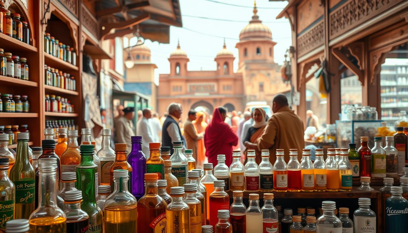A bustling Indian marketplace, brightly lit with warm natural lighting. In the foreground, an array of colorful glass bottles, jars, and vials containing homeopathic remedies - herbs, minerals, and liquids neatly arranged on wooden shelves. In the middle ground, traditional Indian practitioners dressed in flowing robes consult with patients, discussing treatment options. The background features the vibrant architecture of an Indian city, with domes, arches, and intricate carvings, creating a sense of cultural heritage and the deep roots of homeopathic medicine in the region. The overall scene conveys the significance and widespread use of alternative medicine practices in India.
