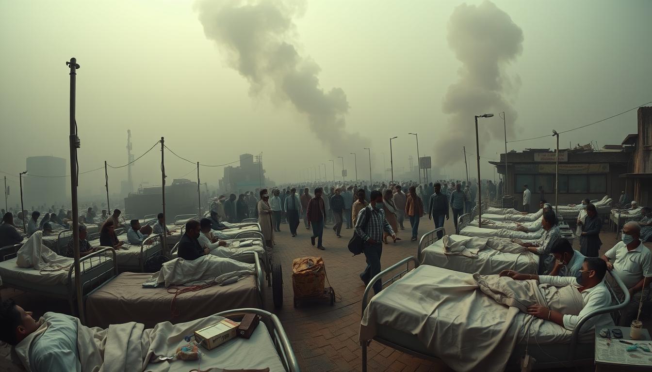 A panoramic scene depicting the critical diseases prevalent in India. In the foreground, a crowded hospital ward with patients lying in beds, IV drips and medical equipment. In the middle ground, a bustling city street with people coughing and wearing masks. In the background, hazy skies with billowing smoke and smog. Muted color palette, with a sense of urgency and concern. Dramatic lighting casts long shadows, creating a somber and unsettling atmosphere. Capturing the gravity of India's public health challenges through a detailed, immersive visual narrative.