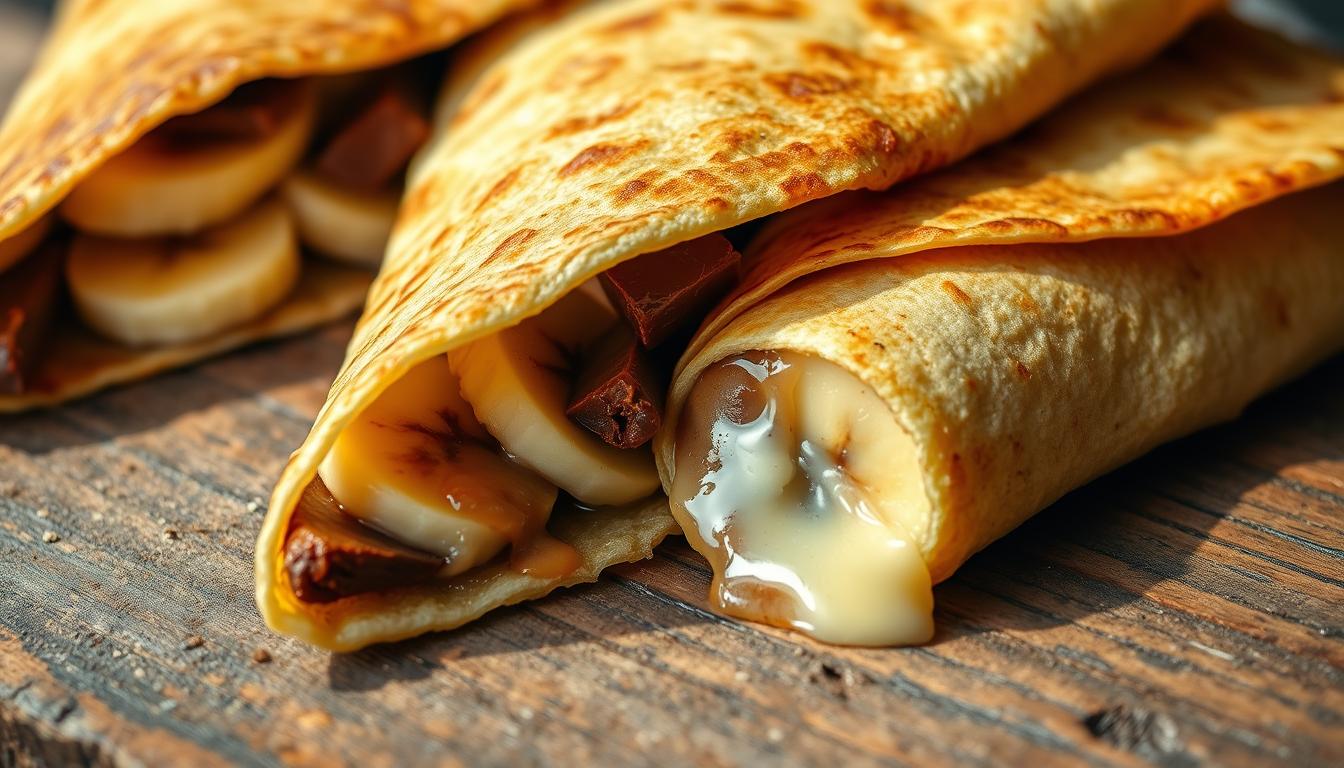 A delectable close-up of crepes filled with ripe bananas, rich chocolate, and melted cheese, arranged on a rustic wooden surface. The crepes have a golden-brown, lightly textured exterior, while the cross-section reveals the gooey, tempting interior. Soft natural lighting casts a warm, inviting glow, highlighting the intricate layers and the appealing contrast of textures. The overall composition evokes a sense of indulgence and homemade comfort, perfectly capturing the essence of this beloved Indonesian dessert.