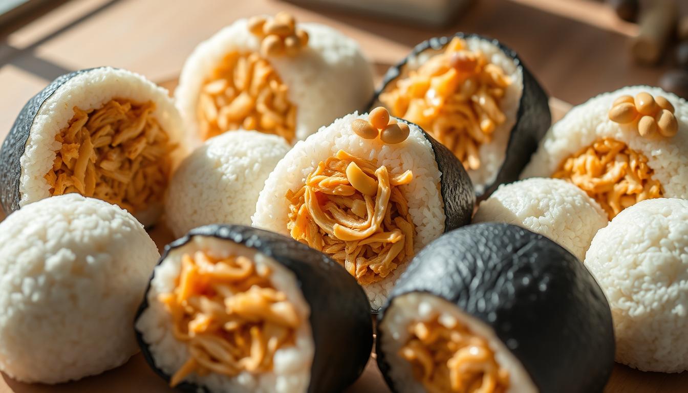 A platter of various onigiri (Japanese rice balls) filled with savory shredded chicken and peanut topping. The onigiri are arranged in a visually appealing pattern, showcasing their diverse shapes and sizes. The background features a soft, natural lighting, casting gentle shadows and highlighting the texture of the rice and toppings. The overall composition creates a warm, inviting atmosphere, capturing the essence of a homemade Japanese picnic treat.