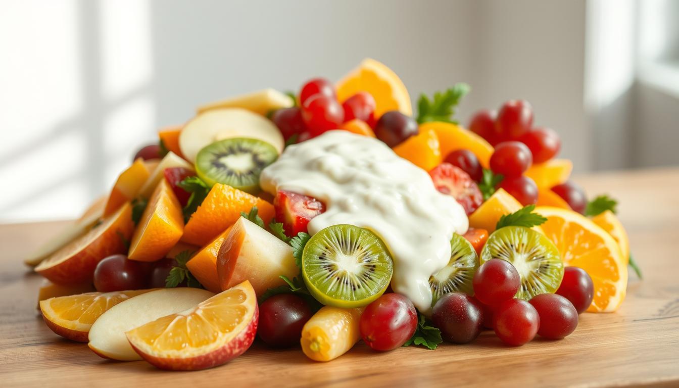 A beautifully arranged still life of a vibrant fruit salad on a wooden table. In the foreground, a variety of fresh, juicy fruits including sliced apples, orange wedges, halved kiwis, and plump red grapes. In the middle ground, a creamy cheese-based dressing drizzled over the salad, creating a luscious, tantalizing texture. The background features a clean, airy setting with soft, natural lighting filtering in from the side, casting gentle shadows and highlights on the composition. The overall scene exudes a sense of freshness, indulgence, and appetizing appeal.