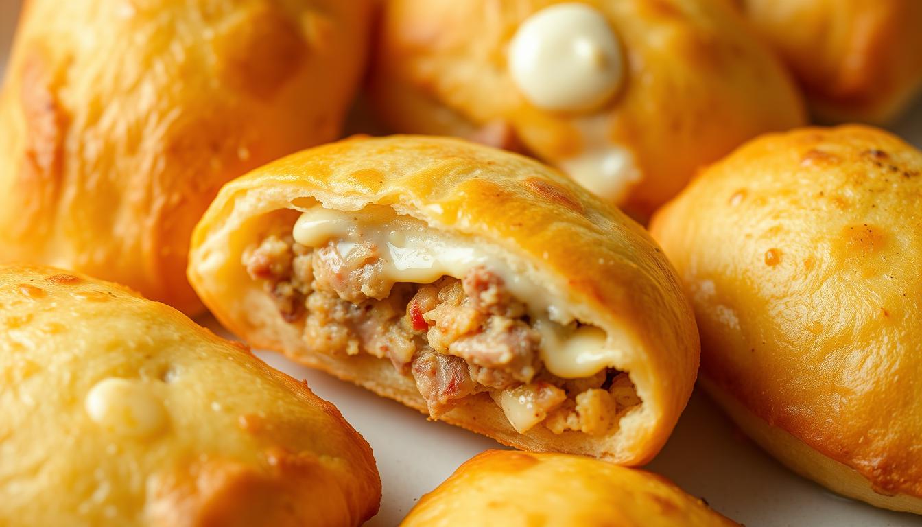 A close-up photograph of freshly baked risoles, filled with a melted cheese and corned beef mixture. The crisp golden-brown exterior gives way to a soft, luscious interior, oozing with the savory flavors of the stuffing. Delicate droplets of mayonnaise glisten on the surface, adding a creamy richness to the dish. The risoles are arranged on a clean, white background, with a soft, natural lighting that emphasizes their appetizing texture and appeal. The overall composition highlights the tempting, homemade quality of these irresistible snacks, inviting the viewer to indulge in their delightful combination of flavors and textures.