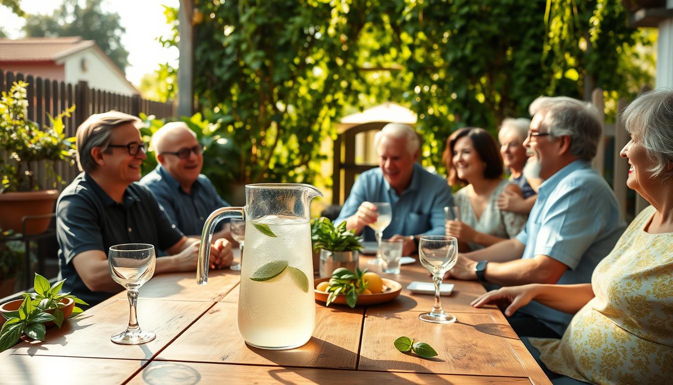 A warm, cozy family gathering in a sun-dappled garden. In the foreground, a wooden table laden with a pitcher of lemon soda, crystal glasses, and fresh basil leaves. Across the table, a multigenerational family sits together, laughing and conversing, their faces aglow with the pleasures of shared company and refreshing drinks. The middle ground features a lush, verdant backdrop of potted plants and trailing vines, casting gentle shadows. In the distance, a weathered fence and garden gate hint at the tranquil suburban setting. The scene is bathed in soft, golden light, creating an atmosphere of relaxation and contentment.