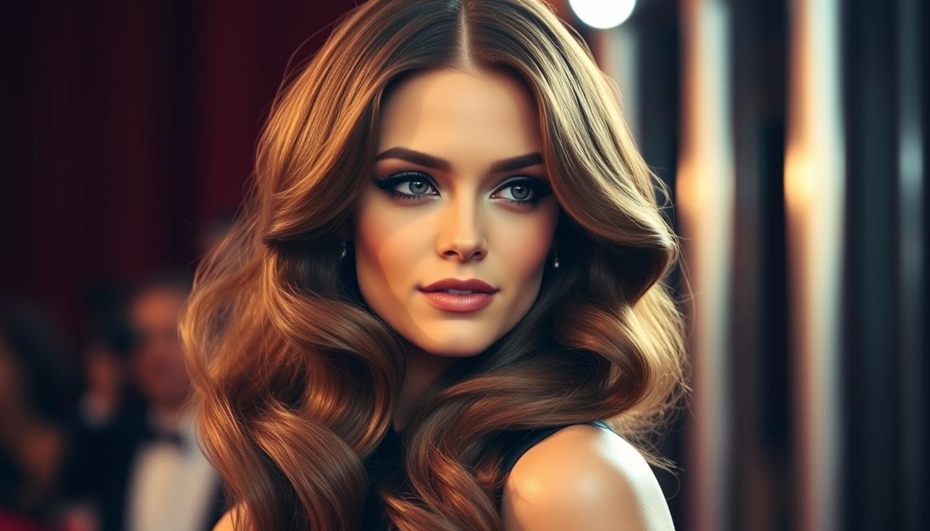A captivating red carpet hairstyle, featuring voluminous waves cascading down the model's shoulders. The luxurious, glossy locks are expertly styled, creating a dramatic, elegant silhouette that commands attention. Soft, warm lighting from the side accentuates the rich color and smooth texture of the hair, while a slight tilt of the head adds a touch of allure. The overall look exudes sophistication and glamour, perfectly complementing the opulent setting of the red carpet event.