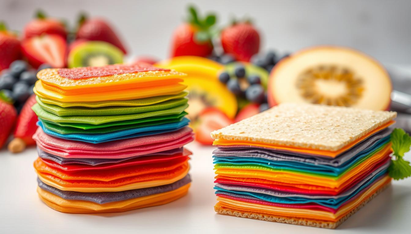 A visually captivating arrangement of colorful ingredients for a decadent rainbow mille-feuille dessert. In the foreground, delicate layers of vibrant pastry dough in hues of red, orange, yellow, green, blue, and purple are neatly stacked. Behind them, a selection of fresh fruits, such as strawberries, kiwi, and blueberries, are arranged in a harmonious pattern. In the background, a clean white countertop provides a minimalist backdrop, allowing the vibrant colors to take center stage. The lighting is soft and even, casting a warm glow on the ingredients and enhancing their natural textures. The overall composition is carefully balanced, creating a sense of visual harmony and a mouthwatering appeal.