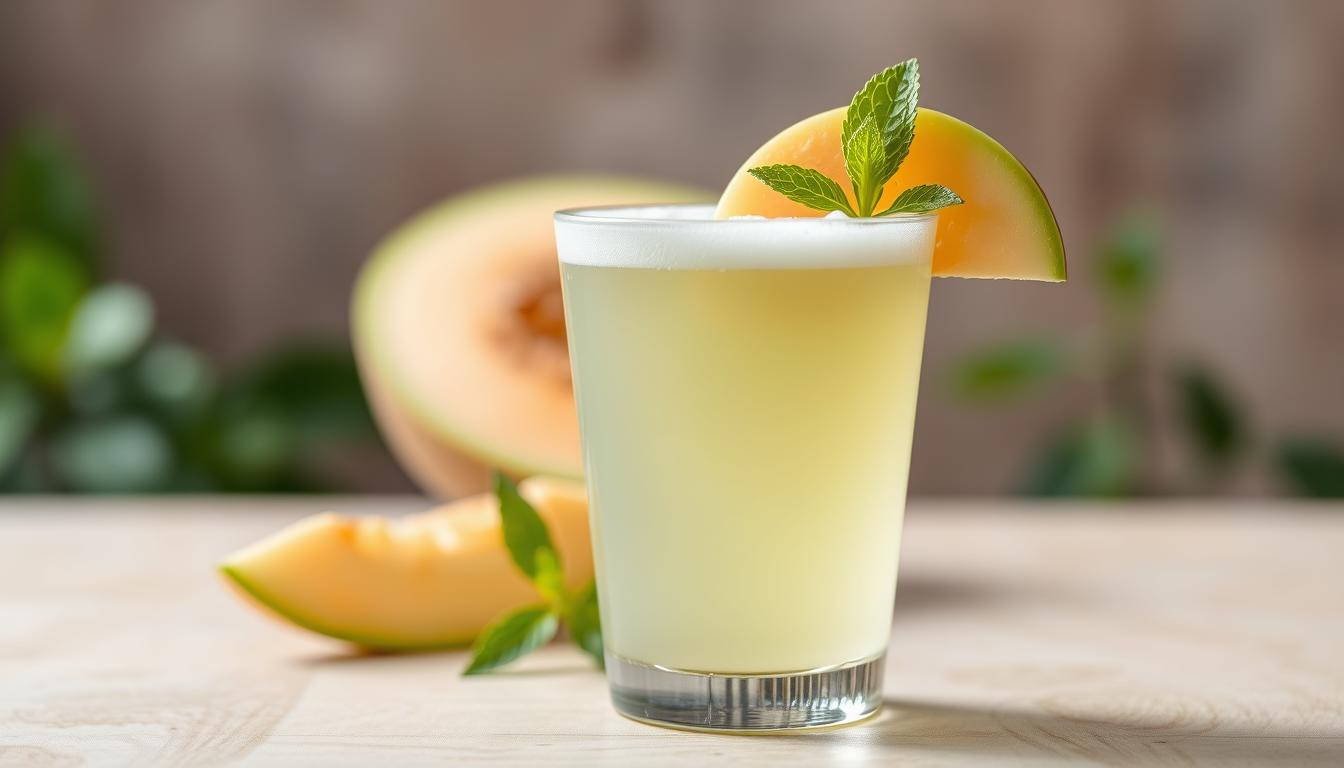 A vibrant, visually appealing image of a refreshing glass of green tea with melon flavour. In the foreground, the glass is filled with a clear, pale green liquid, topped with delicate foam and a slice of ripe, juicy melon. The middle ground features a sprig of fresh mint leaves, adding a touch of natural elegance. The background is softly blurred, allowing the focal point of the tea to take center stage. The lighting is soft and diffused, creating a warm, inviting atmosphere. The overall composition conveys a sense of tranquility and delight, perfectly capturing the unique and delectable taste of sweet melon green tea.