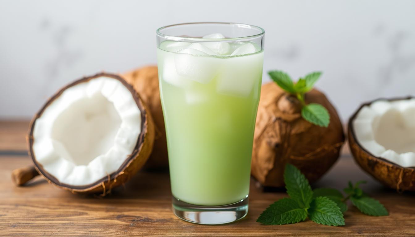 A glass filled with a refreshingly cool, pale green Es Kopyor drink, made from fresh young coconut flesh and chilled coconut water. The glass sits atop a wooden table, surrounded by halved coconuts, coconut shells, and a sprig of mint, evoking the tropical origins of this traditional Indonesian beverage. The lighting is soft and diffused, creating a serene, natural atmosphere. The focus is sharp on the glass, drawing the viewer's attention to the appealing texture and color of the Es Kopyor. The overall mood is one of refreshment, simplicity, and the pleasures of enjoying a homemade, seasonal treat.