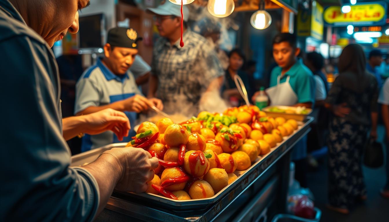 A bustling street food stall in a vibrant Indonesian market, the aroma of freshly fried cilok (savory chewy tapioca balls) fills the air. Skilled vendors deftly prepare the spicy, saucy cilok, their hands moving with practiced precision. The cilok sizzle in the hot oil, their golden-brown exteriors glistening. Vibrant red chili peppers, chopped scallions, and a generous drizzle of sweet-and-spicy sauce adorn the steaming, irresistible cilok. Patrons eagerly await their order, their mouths watering in anticipation of the perfect balance of textures and flavors. Warm lighting casts a cozy glow over the lively scene, inviting passersby to indulge in the ultimate street food experience.