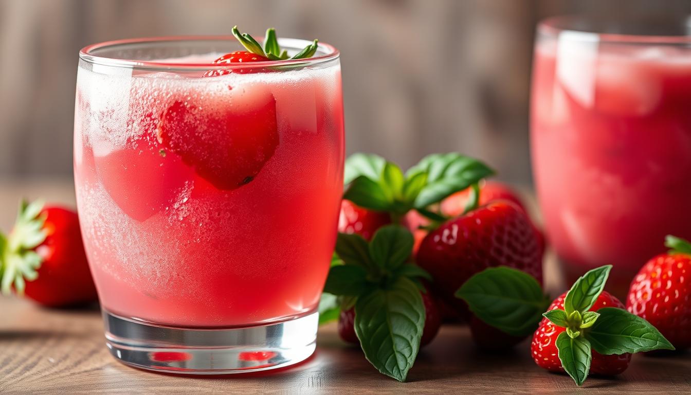 High-resolution photograph of a glass of fresh strawberry-basil juice, shot from the side at a slight angle. The juice has a vibrant pink hue and a frothy, bubbly texture. Fresh strawberries and basil leaves are visible floating in the liquid, adding a natural, organic feel. The glass is positioned on a wooden surface, with a soft, diffused light illuminating the scene from the side, creating a warm, inviting atmosphere. The overall composition emphasizes the harmonious blend of sweet strawberry and aromatic basil flavors, showcasing the unique and refreshing combination.