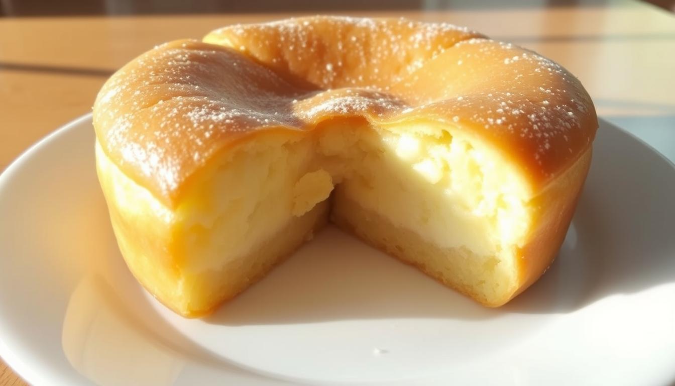A lush, golden-brown potato-based Kue Lumpur cake, its surface glistening with a light glaze and dusted with a hint of powdered sugar. Soft, pillowy dough envelops a creamy, slightly sweet filling reminiscent of young coconut. The cake sits atop a simple white plate, casting a warm, inviting glow under soft, natural lighting. The scene exudes a cozy, homemade atmosphere, capturing the essence of this traditional Indonesian delicacy's newfound popularity in the United States.