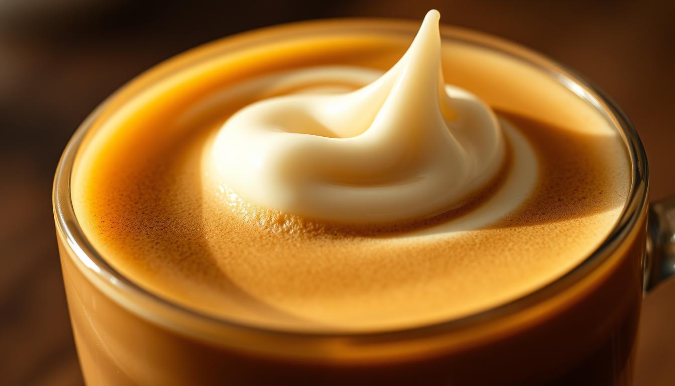A creamy, luscious swirl of vanilla-infused froth gently cascades over the smooth, dark surface of a cup of rich, aromatic coffee. Soft, pillowy peaks of foam crest and melt, revealing the underlying layer of velvety, golden-hued crema. The lighting casts a warm, inviting glow, highlighting the luxurious texture and subtle sheen of the vanilla-infused cream. Captured from a low, close-up angle, the viewer is drawn into the sensual, indulgent experience of this perfectly crafted coffee float, where the comforting flavors of vanilla and coffee seamlessly intertwine.
