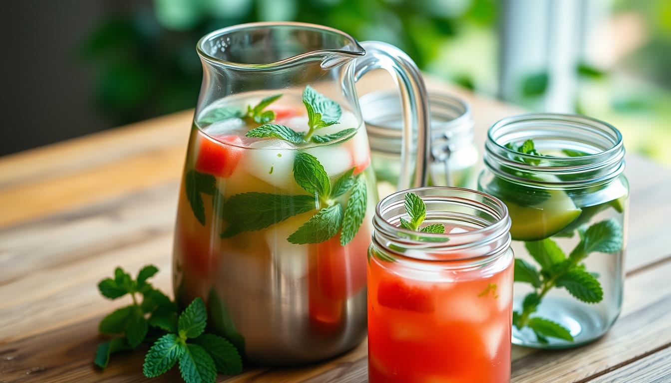 A stainless steel pitcher filled with a refreshing blend of watermelon and mint, resting on a wooden table. The crisp, cool liquid glistens in the soft, indirect lighting, exuding a sense of summer tranquility. Beside the pitcher, a set of reusable glass jars with airtight lids, ready to store any leftover jus for later enjoyment. The scene evokes a harmonious balance of colors, textures, and a desire to savor the cooling properties of this delightful watermelon mint beverage.