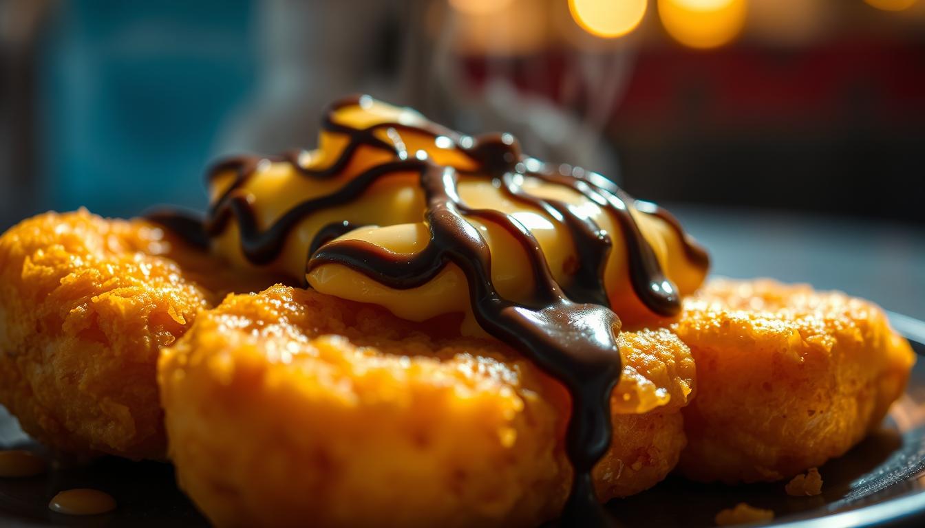 Freshly fried Pisang Goreng (banana fritters) with a molten blanket of melted cheese and drizzled chocolate, captured in a warm, inviting close-up. The golden-brown exterior of the bananas contrasts with the gooey, luscious toppings, creating a mouthwatering scene. Dramatic low-angle lighting highlights the textures and casts dramatic shadows, elevating the visual drama. The image is shot with a wide aperture lens, blurring the background to focus the viewer's attention on the delectable subject. The overall mood is cozy, indulgent, and irresistible, perfectly capturing the essence of this beloved Indonesian street food.