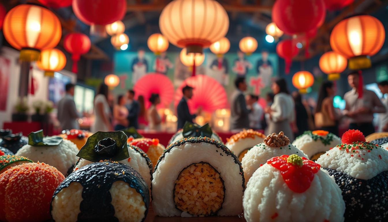 A visually stunning array of creative onigiri (Japanese rice balls) in a vibrant and festive setting. In the foreground, an assortment of onigiri in various shapes and colors, decorated with nori seaweed, furikake seasoning, and other colorful toppings. In the middle ground, a backdrop of traditional Japanese lanterns and fans, casting a warm, inviting glow. The background features a blurred, out-of-focus scene of a lively celebration, with guests mingling and enjoying the delectable onigiri creations. The lighting is soft and diffused, creating a serene and celebratory atmosphere. Captured with a wide-angle lens to showcase the dynamic composition and attention to detail.