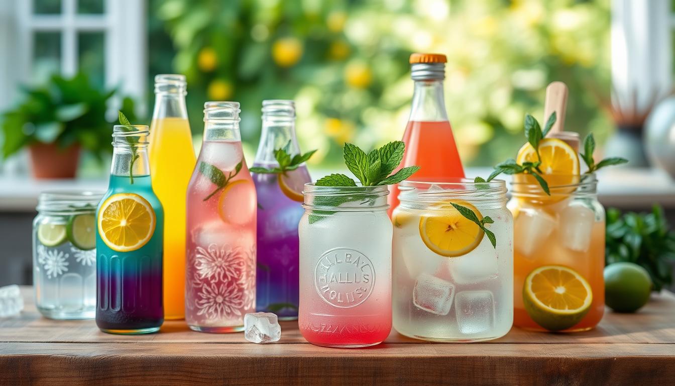 A cheerful and vibrant still life scene depicting various yuzu-inspired soda recipes. In the foreground, an assortment of glass bottles and jars filled with colorful, fizzy yuzu-based sodas, garnished with fresh yuzu slices, mint leaves, and ice cubes. In the middle ground, a wooden table or surface with a textured, rustic appearance, adding a sense of warmth and authenticity. The background features a soft, blurred, natural setting, such as a lush garden or an open kitchen, hinting at the refreshing, natural flavors of the drinks. The lighting is bright and airy, capturing the vibrant hues of the yuzu sodas and creating a welcoming, summery atmosphere. The overall composition emphasizes the variety and creativity of yuzu-inspired beverage recipes.