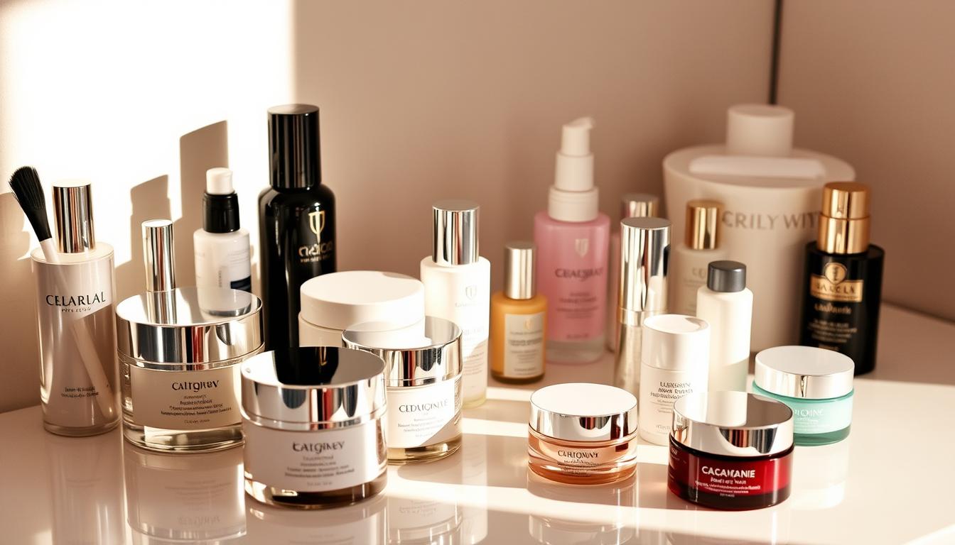 A luxurious vanity showcasing an array of high-end skincare dupes, meticulously arranged in a visually pleasing display. Soft, warm lighting illuminates the scene, casting gentle shadows and highlights that enhance the premium aesthetic. The foreground features a selection of jars, tubes, and bottles in sleek, minimalist designs, mimicking the look and feel of prestigious beauty brands. In the middle ground, a few key products are prominently displayed, their packaging hinting at their luxurious formulas and efficacy. The background is a neutral, clean backdrop, allowing the skincare items to take center stage and capture the viewer's attention. The overall composition conveys a sense of sophistication, indulgence, and the ability to achieve a high-end look without the hefty price tag.