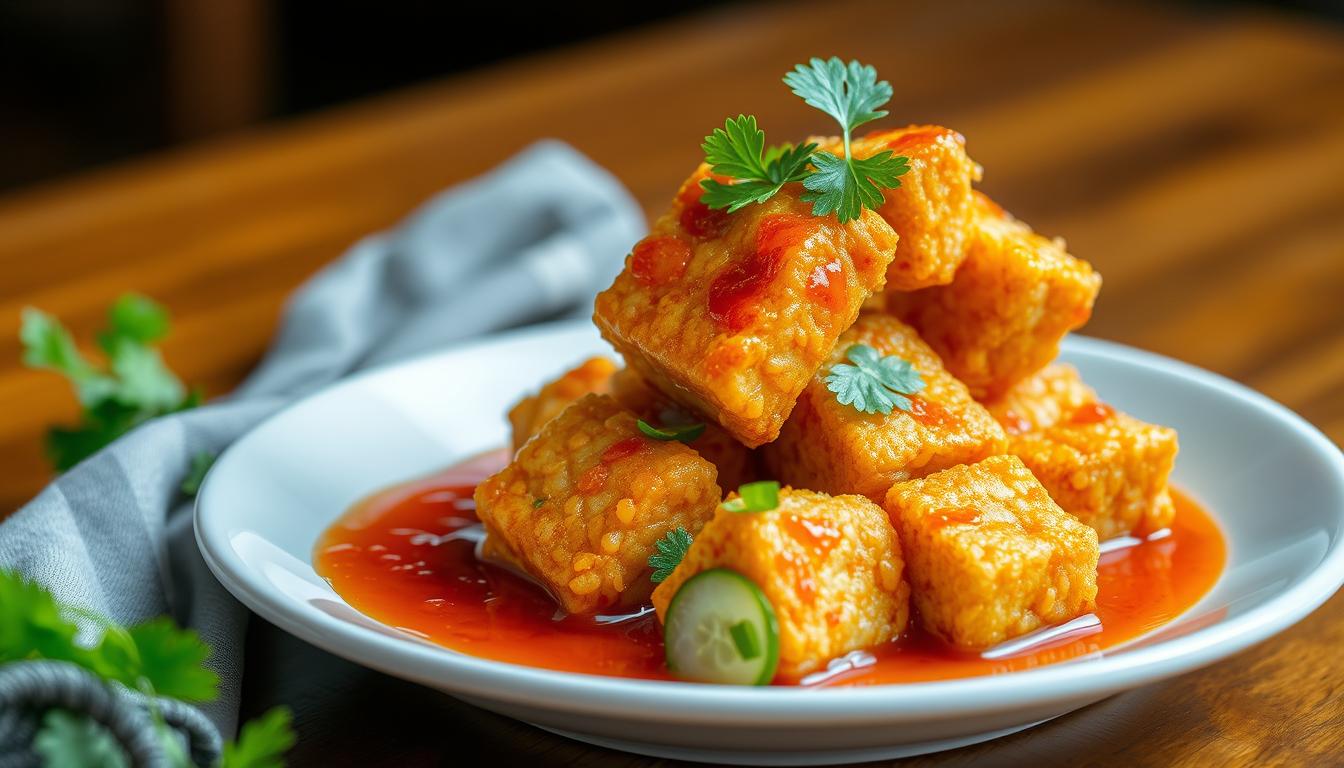 A delectable plate of crispy fried tofu with a tantalizing sweet and sour sauce, artfully arranged on a wooden table. The tofu is golden-brown and perfectly crunchy, contrasting beautifully with the vibrant, glistening sauce that features a harmonious blend of tangy, sweet, and savory notes. The dish is garnished with fresh slices of cucumber and sprigs of coriander, adding a refreshing touch. The lighting is soft and natural, casting a warm glow on the scene and highlighting the textural details of the tofu and the sheen of the sauce. The overall composition is visually appealing, inviting the viewer to imagine the satisfying crunch and the burst of flavors in each bite.