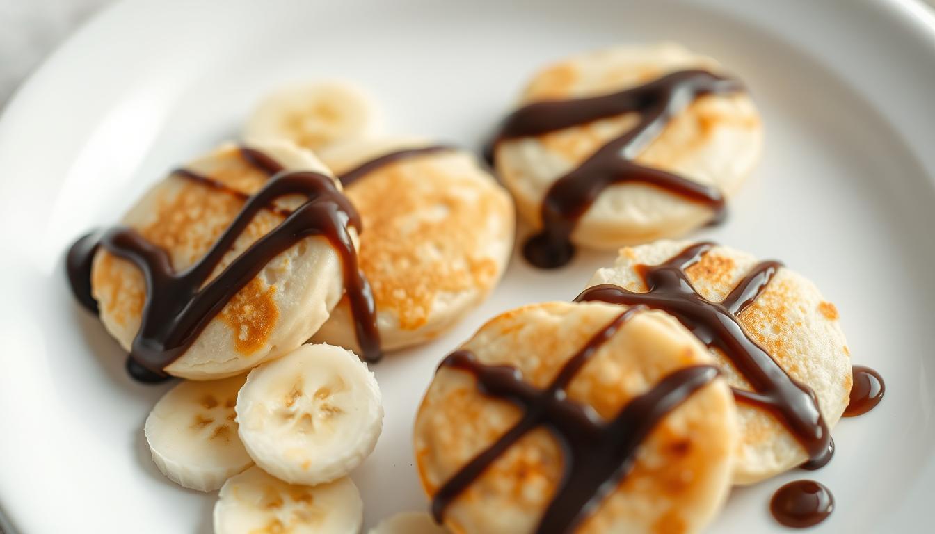 A close-up shot of freshly made mini banana pancakes, perfectly round and golden-brown, arranged neatly on a clean white plate. The pancakes are drizzled with rich, dark chocolate sauce, creating a mouthwatering contrast. A few sliced bananas are scattered around the plate, adding a touch of natural sweetness. The lighting is soft and diffused, creating a cozy, inviting atmosphere. The overall composition emphasizes the simplicity and speed of preparation, capturing the essence of a time-saving, yet delicious breakfast.