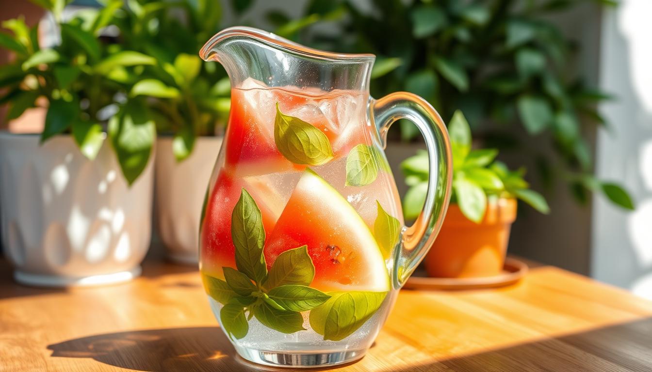 A glass pitcher filled with crystalline water, infused with vibrant watermelon slices and fragrant basil leaves. Sunlight streams through the glass, creating a warm, inviting glow. The pitcher rests on a wooden table, surrounded by a lush, verdant backdrop of potted plants and natural textures. Soft shadows play across the surface, adding depth and dimension. This refreshing, visually captivating infused water scene evokes a sense of relaxation and rejuvenation, perfect for a special occasion or gathering.