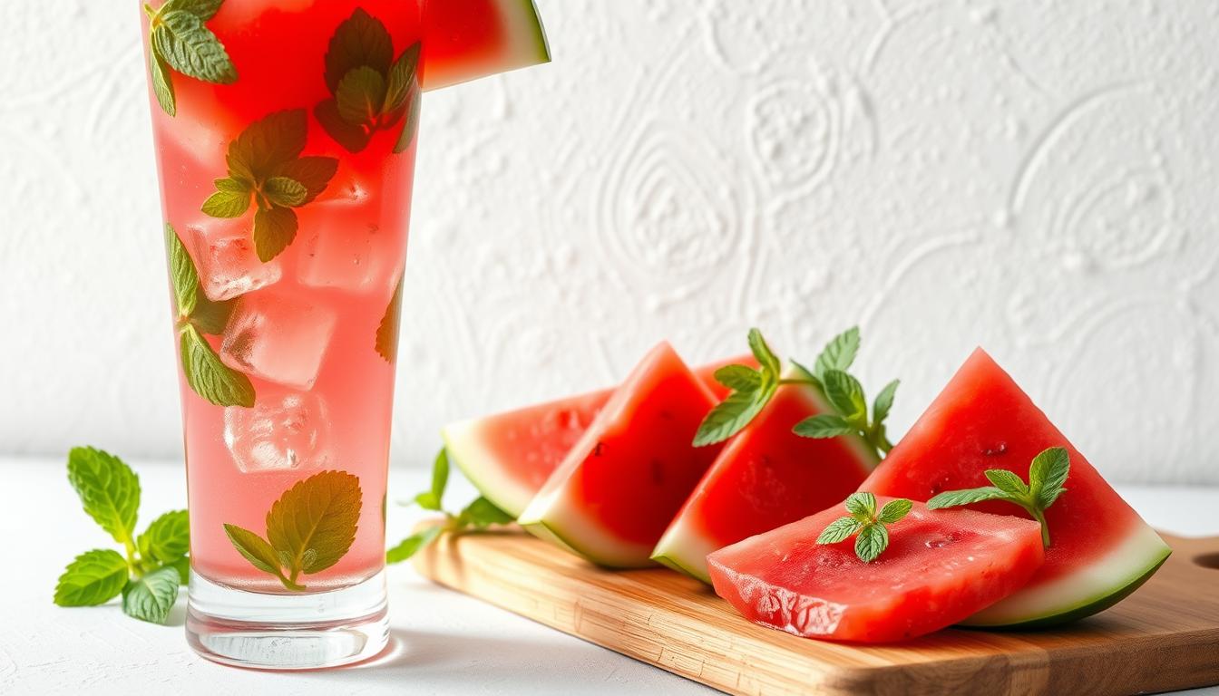 A vibrant still life showcasing a refreshing variasi jus semangka mint. In the foreground, a tall glass brimming with a bright pink watermelon juice, swirled with fresh mint leaves and ice cubes that glisten under soft, natural lighting. The middle ground features a wooden cutting board with sliced watermelon wedges, their juicy red flesh complemented by the verdant mint sprigs. In the background, a textured white wall provides a clean, minimalist backdrop, allowing the colors and textures of the ingredients to take center stage. The overall composition conveys a sense of rejuvenation and cooling delight, perfectly capturing the essence of this irresistible watermelon mint juice creation.