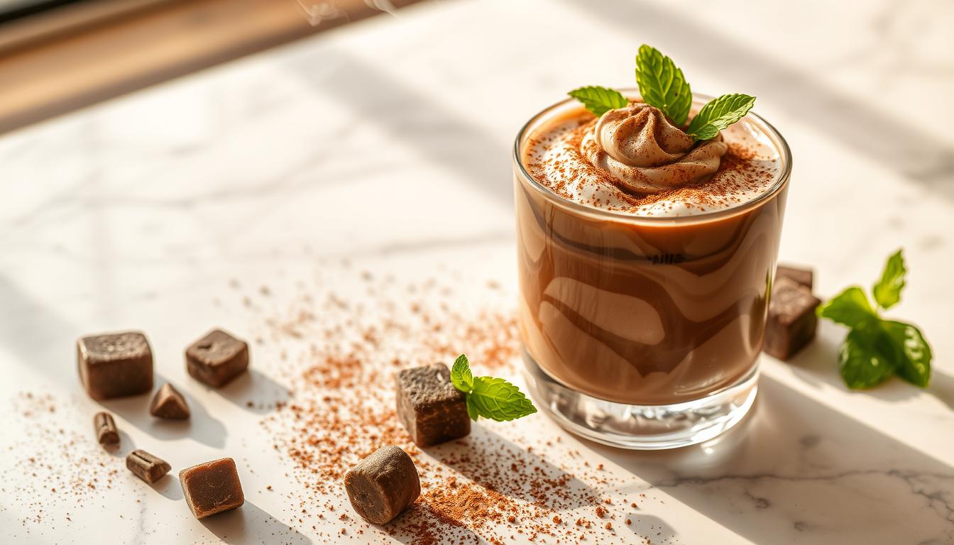 A chilled chocolate delight, with swirls of nut milk and coffee ice cubes, resting on a marble countertop. The scene is bathed in soft, natural lighting, casting a warm glow over the creamy, chocolate-hued beverage. Wisps of steam rise from the surface, hinting at the indulgent temperature. Garnished with a sprinkle of cocoa powder and a sprig of mint, the composition is both visually striking and tantalizingly appetizing. The image evokes a sense of luxurious relaxation, perfect for illustrating the "Variasi Resep Cokelat Dingin" section of the article.