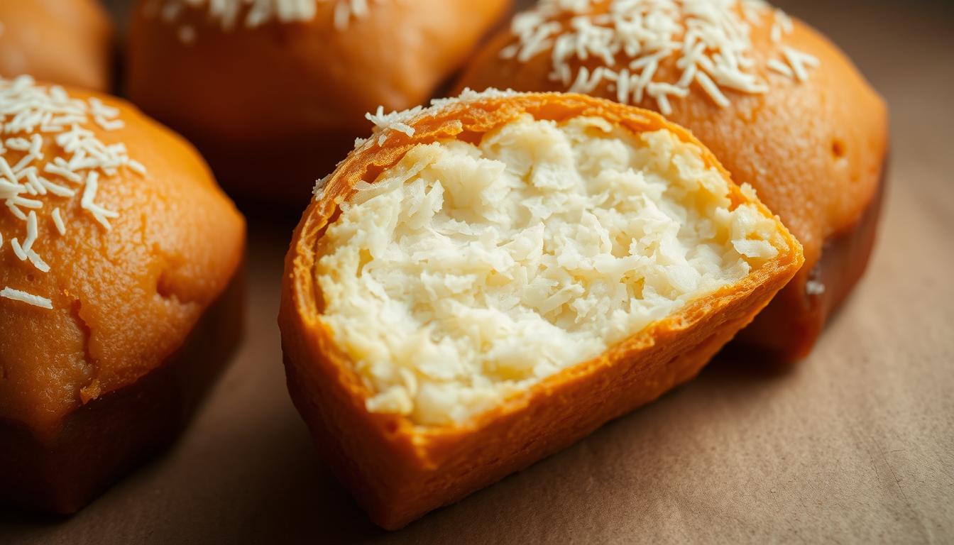 A sumptuous closeup of a freshly prepared colenak, the traditional Sundanese coconut cake from Bandung. The golden-brown cake is sliced open, revealing its moist, flaky interior filled with shredded coconut, palm sugar, and a hint of pandan. The lighting is soft and warm, casting a gentle glow on the delicate texture. The image is captured from a slight overhead angle, highlighting the intricate patterns of the cake's surface. The background is a neutral tone, allowing the colenak to take center stage and showcase its enticing allure. This visually captivating image would perfectly complement the "Diskusi dan Tanya Jawab tentang Colenak" section of the article.