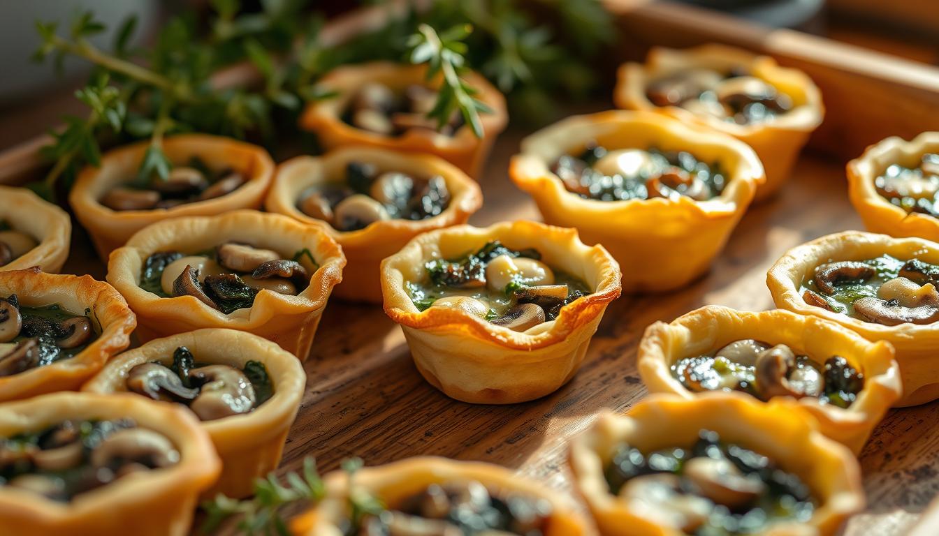 A neatly arranged tray of freshly baked mini quiches, their golden-brown crusts glistening under the warm, natural lighting of a cozy kitchen. The delicate pastry shells hold a savory filling of sautéed spinach and button mushrooms, infused with aromatic herbs and a touch of creamy cheese. The quiches are placed on a rustic wooden surface, complemented by a few sprigs of fresh thyme, creating a charming, French-inspired scene. The composition emphasizes the small, bite-sized nature of the quiches, inviting the viewer to imagine their delectable flavor and texture.