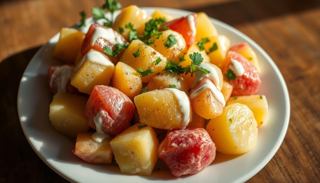 A beautifully arranged presentation of a fresh potato salad, featuring vibrant, soft-boiled potatoes nestled on a crisp white plate. The potatoes are garnished with a drizzle of creamy dressing, sprinkled with chopped parsley, and accented by a sprinkling of cracked black pepper. The composition is lit from the side, casting subtle shadows and highlighting the appetizing textures. The overall mood is one of simple, rustic elegance, inviting the viewer to imagine the savory, comforting flavors of this homemade dish.